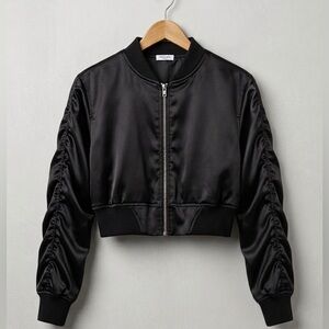 RIFLESSI Womens Gorpcore Sleek Black Satin Cropped Jacket Ruched Detail Bomber